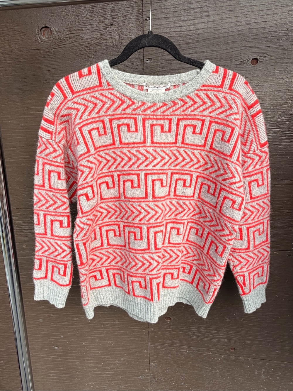 Women's Red & Cream Geometric Crewneck Sweater